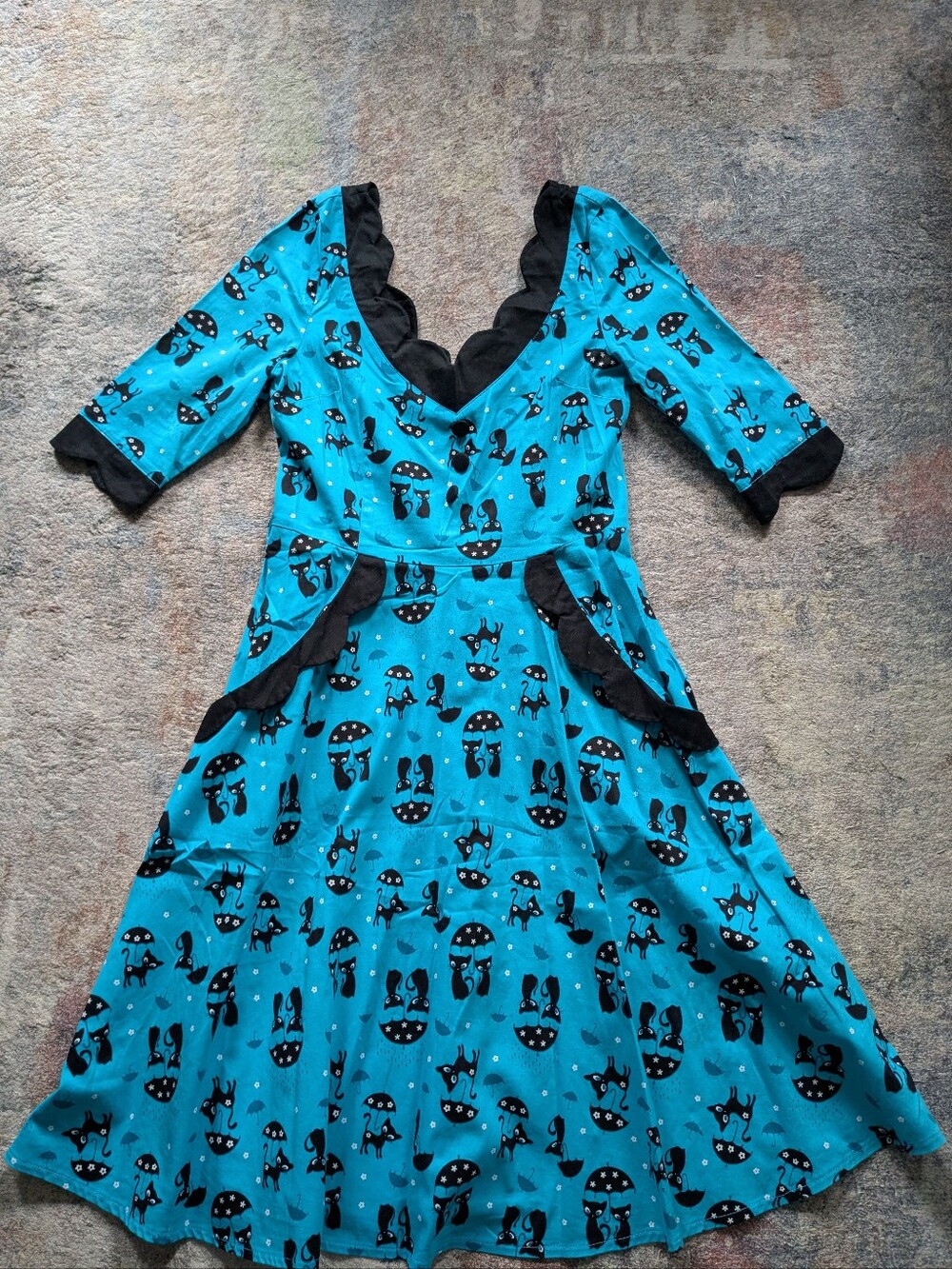 Turquoise Umbrella & Cat Print Fit-and-Flare Dress with Black Trim